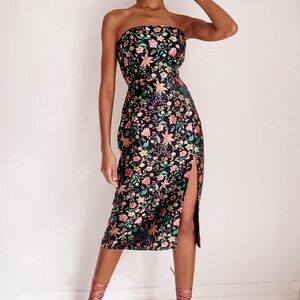 Lulus Make a Move Black Satin Floral Jacquard Strapless Midi Dress, size M